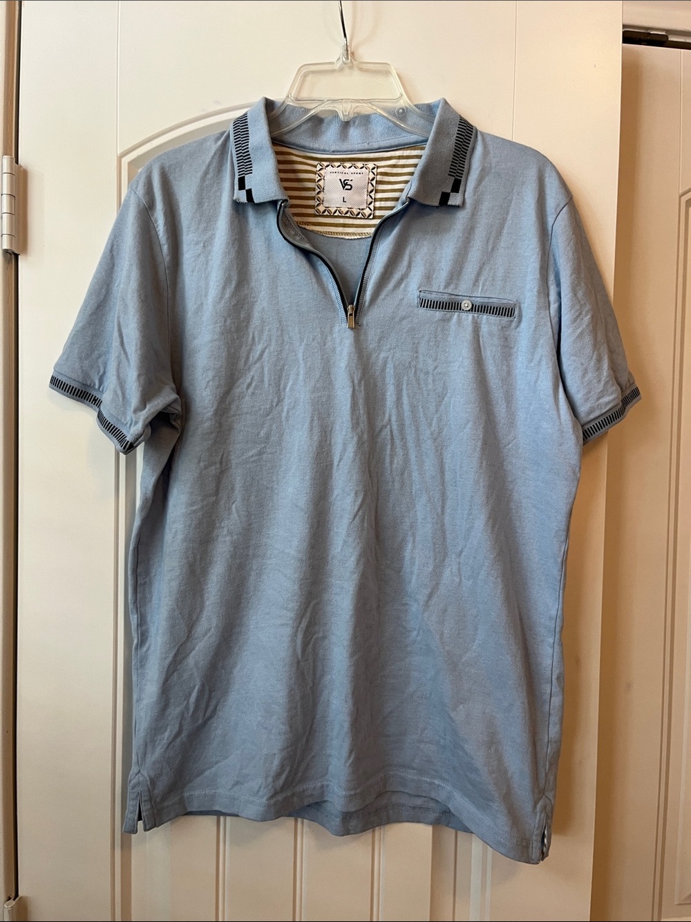 Light Blue Short-Sleeve Zip Polo with Contrast Trim